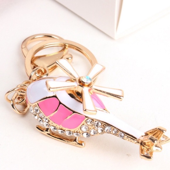Whimsical Pink and White Crystal Helicopter Keychain Charm - Picture 2 of 16